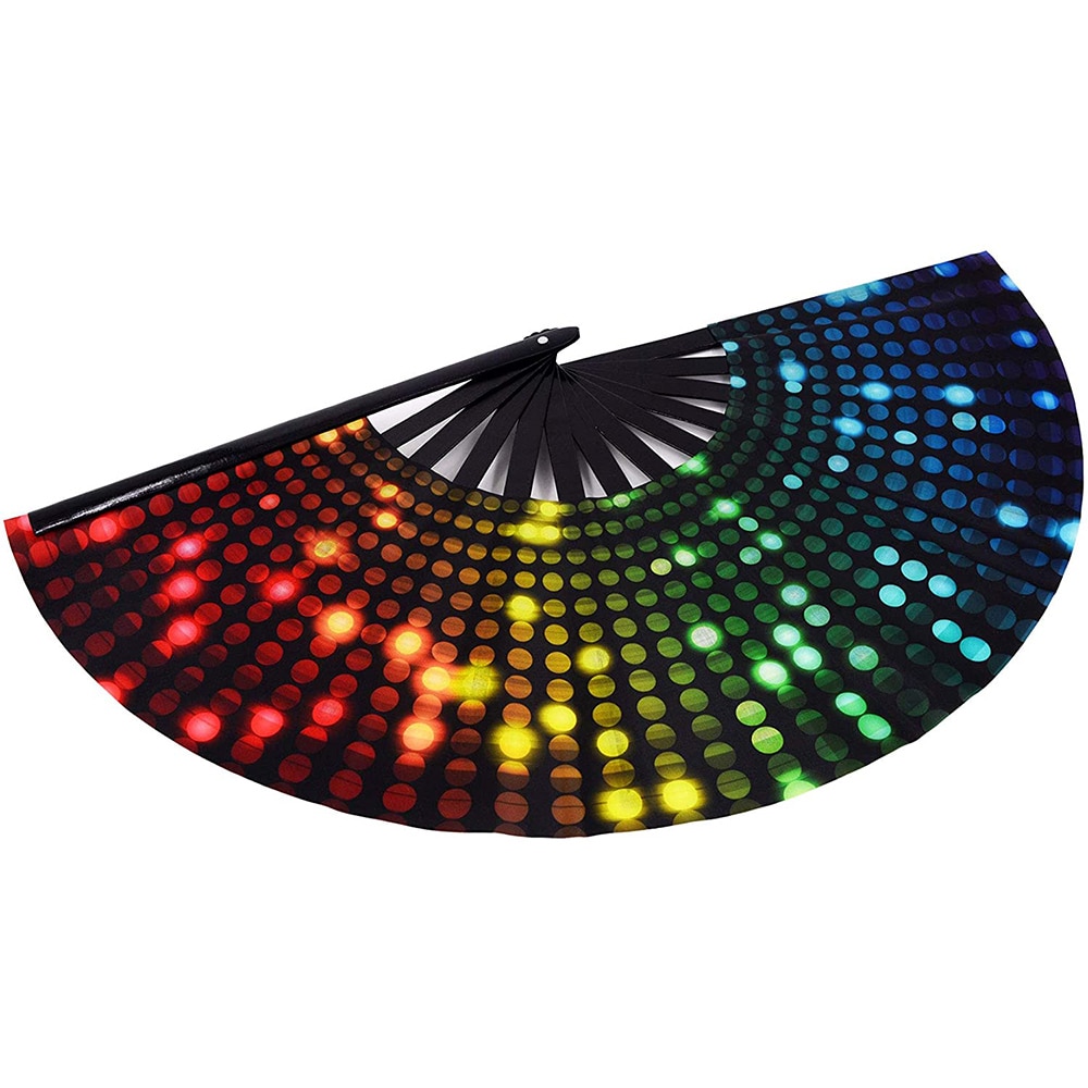 34 cm Large Folding Hand Fan Fold 1 pcs Dot Rainbow Print Black Bamboo & Nylon-Cloth Festival Handheld Fan For Gift
