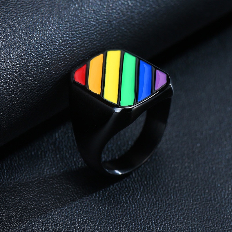 LETAPI 2021 New Fashion Big Black Square Gay Jewelry Stainless Steel Rainbow LGBT Pride Wedding Rings for Men