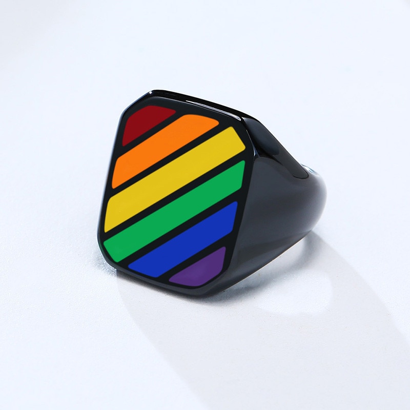 LETAPI 2021 New Fashion Big Black Square Gay Jewelry Stainless Steel Rainbow LGBT Pride Wedding Rings for Men