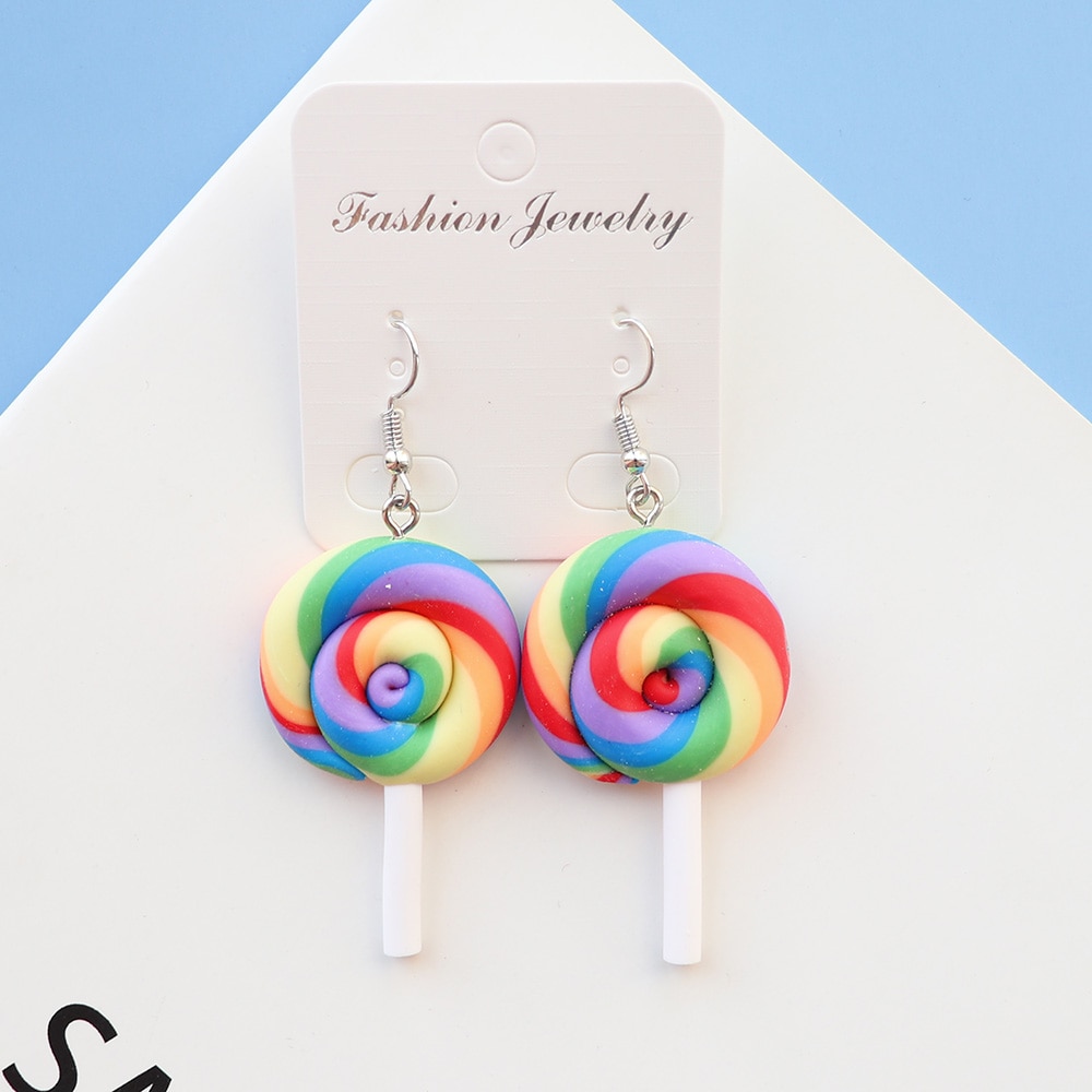 Earring For Women Soft Clay Rainbow Lollipop Drop Earrings Children Jewelry Custom Made Handmade Cute Girls Cotton Candy Gift