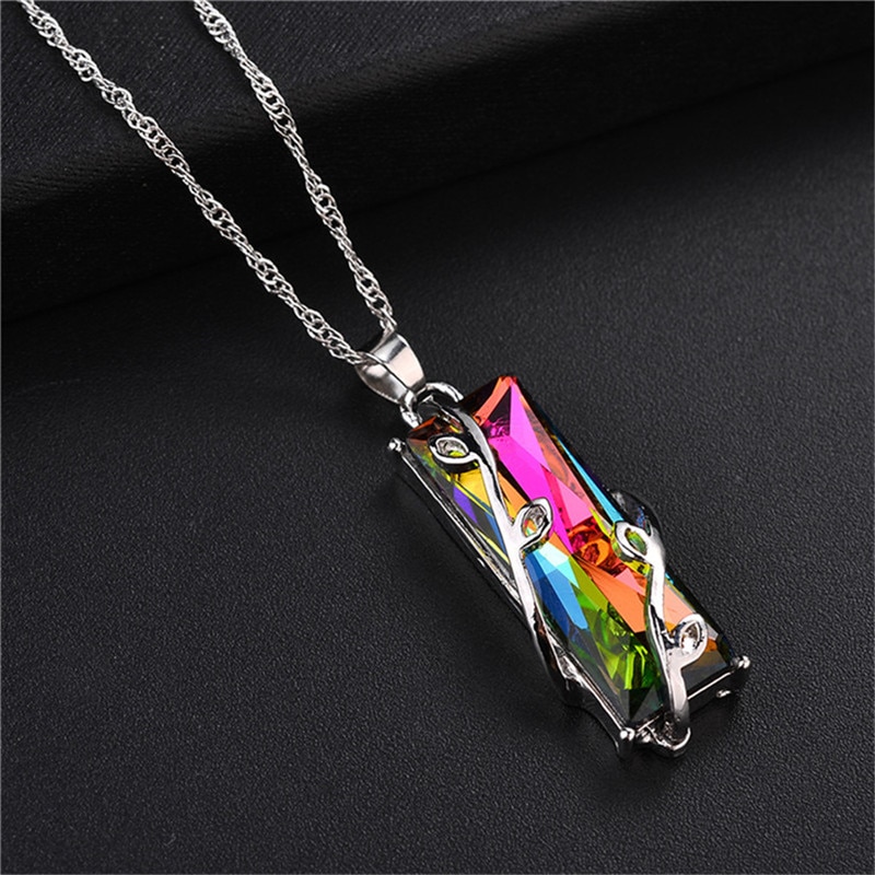 Rainbow Stone Tree Of Life Pendant Necklace For Women Men Long Chain Crystal Glass Leaves Square Necklaces Statement Jewelry