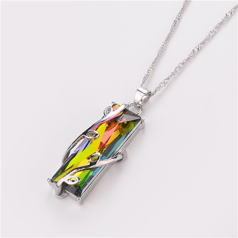 Rainbow Stone Tree Of Life Pendant Necklace For Women Men Long Chain Crystal Glass Leaves Square Necklaces Statement Jewelry